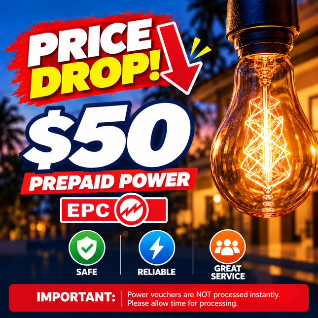 Prepaid Power Voucher - $50 Tala - Must provide Meter Number + Reg. Name to avoid delays (Supplied by Samoamarket.com, Mon-Fri 8am-4.30pm, Sat 8am-12pm (Closed Sundays & Public Holidays)
