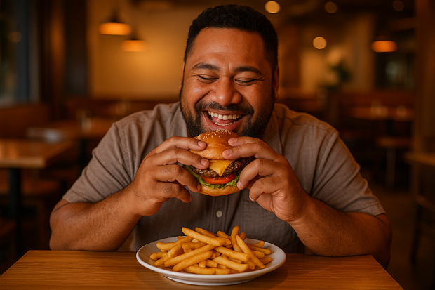 Samoan Dad enjoying a burger and fries at a restaurant