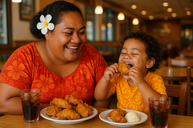 samoan mum and child enjoying fried chicken at a restaurant