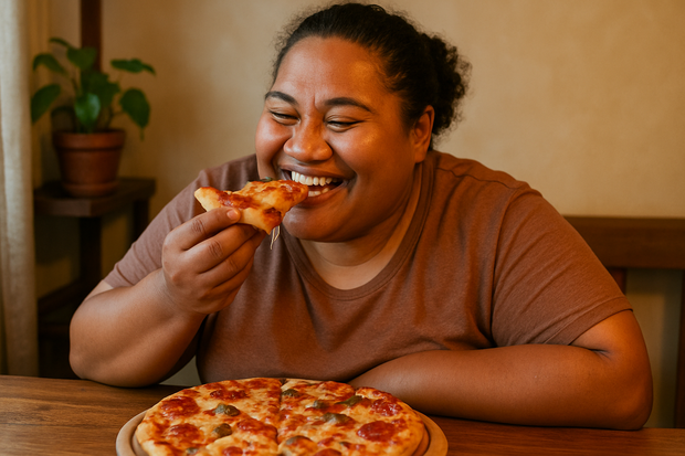 samoan person enjoying a pizza