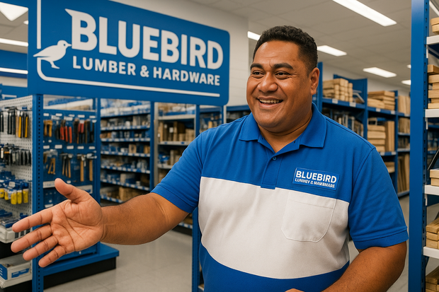 Samoan serving in a building and hardware store called Bluebird Lumber & Hardware. Their colors are blue and white