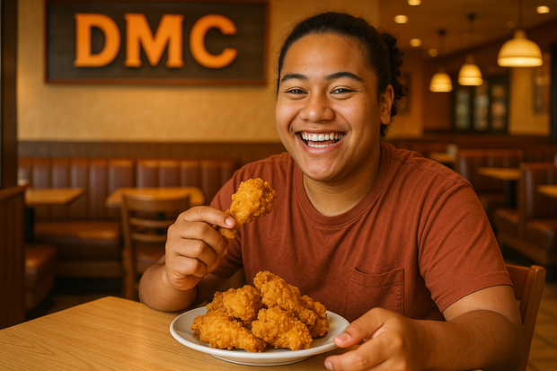 Samoan teenager enjoying fried chicken at a restaurant called DMC