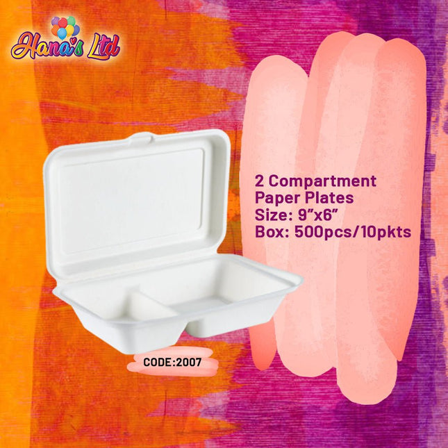 2 Compartment Paper Plates 9"x6" Box: 500pcs "PICK UP AT HANA'S LIMITED TAUFUSI" - Samoamarket.com