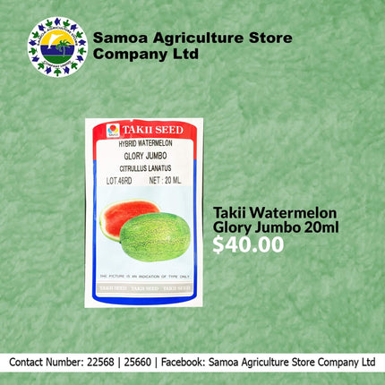 Takii Watermelon Glory Jumbo 20mls "PICK UP AT SAMOA AGRICULTURE STORE CO LTD VAITELE AND SALELOLOGA SAVAII" Samoa Agriculture Store Company Ltd 