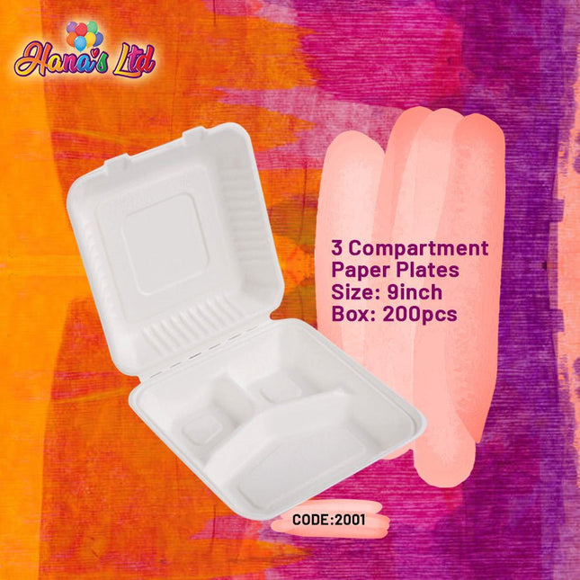 3 Compartments Paper Plates 9inch Box:200pcs "PICK UP AT HANA'S LIMITED TAUFUSI" - Samoamarket.com