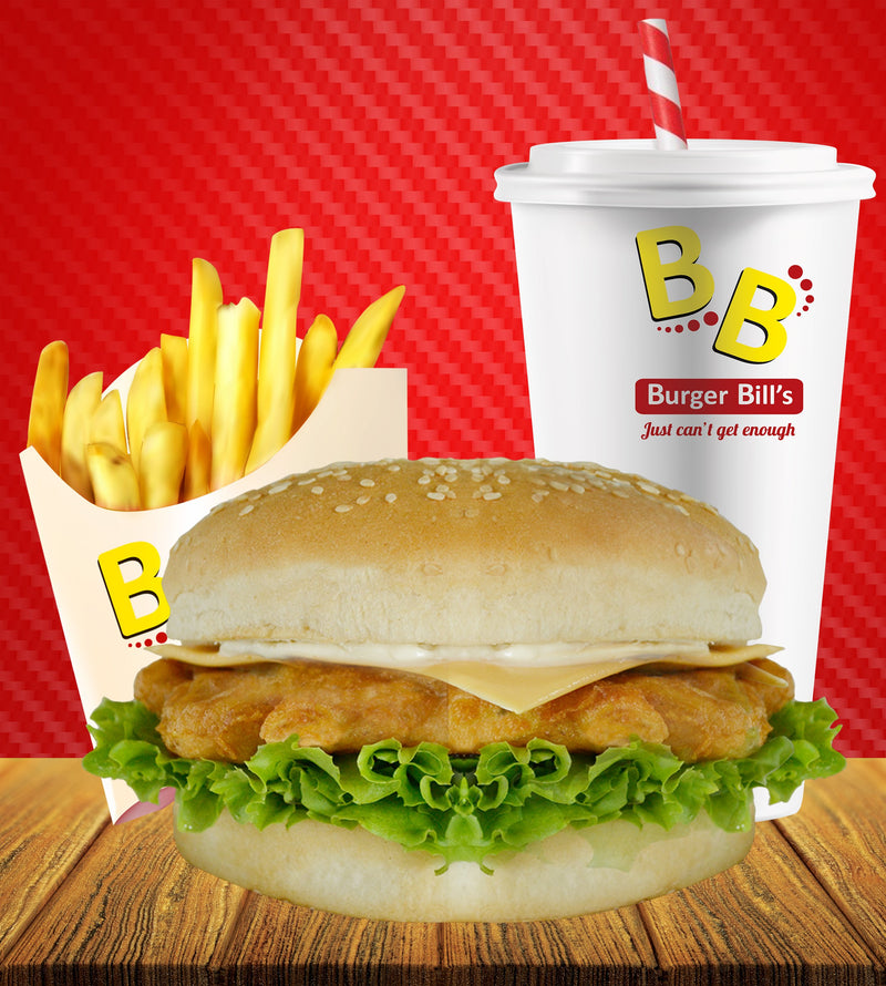 Large Chicken Burger Meal with Large Drink "PICKUP FROM BURGER BILLS VAITELE ONLY" Burger Bills Restaurant Fugalei/Vaitele 