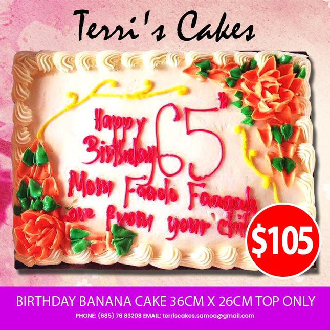 Birthday Banana Cake 36cm x 26cm Top Only Decor from Terri's Cakes (24HRS NOTICE REQUIRED, PICKUP UPOLU ONLY) Terris Cakes, Taufusi 