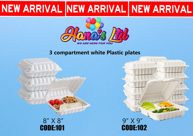 8" By 8" By 150Pcs 3 Compartment White Plastic Plates (CODE: 101) "PICK UP AT HANA'S LIMITED TAUFUSI" Faalavelave Hana's Limited 