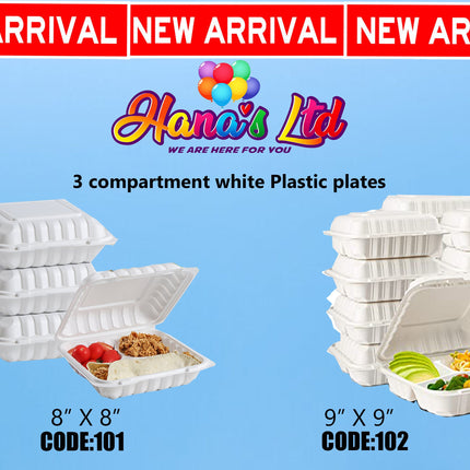 9" By 9" By 150Pcs 3 Compartment White Plastic Plates (CODE: 102) "PICK UP AT HANA'S LIMITED TAUFUSI" Faalavelave Hana's Limited 