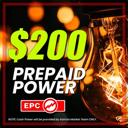 Prepaid Power Voucher - $200 Tala - Must provide Meter Number + Reg. Name to avoid delays (Supplied by Samoamarket.com, Mon - Fri 8am - 4.30pm, Sat 8am - 12pm (Closed Sundays & Public Holidays) - Samoamarket.com