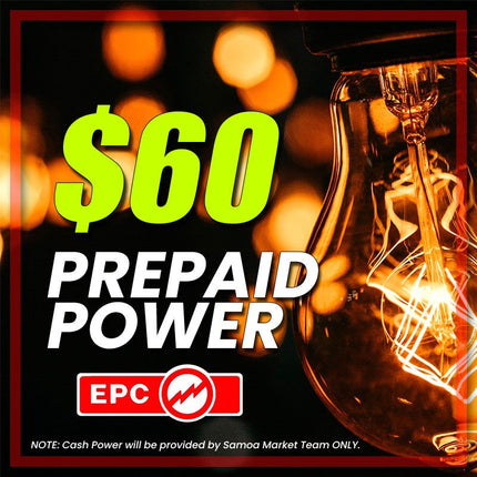Prepaid Power Voucher - $60 Tala - Must provide Meter Number + Reg. Name to avoid delays (Supplied by Samoamarket.com, Mon - Fri 8am - 4.30pm, Sat 8am - 12pm (Closed Sundays & Public Holidays) - Samoamarket.com